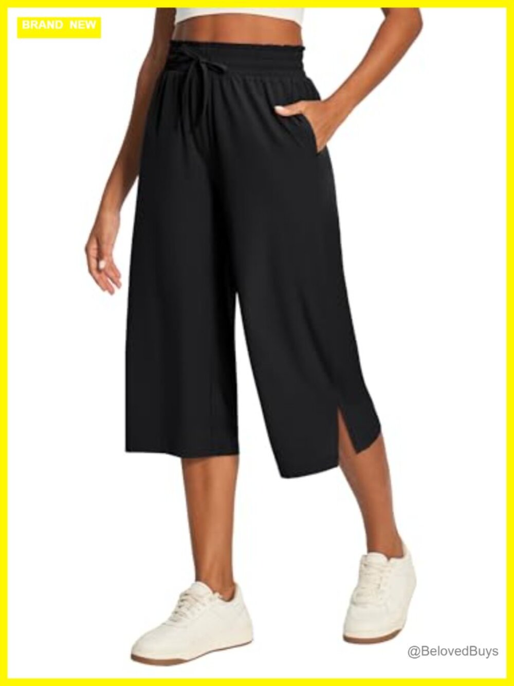 Womens Capri Pants Wide Leg High Waisted Gaucho Drawstring Pockets